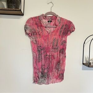 Piano Pink Sheer Sequin V Neck Short Sleeve‎ Blouse Size Medium